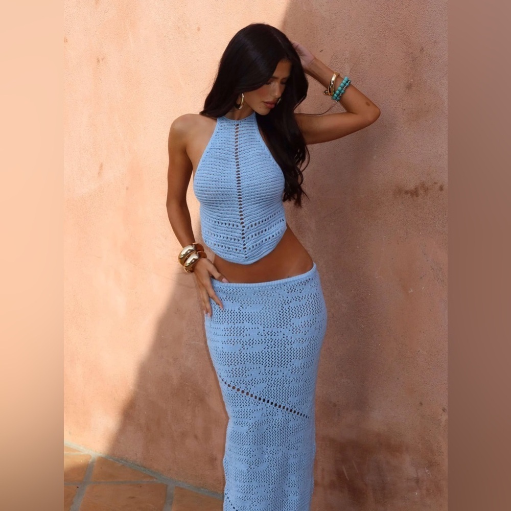 Outcast Light Blue Knit knitted Maxi Skirt XXS/XS FITTED cotton blend ROXANNE - Picture 9 of 9